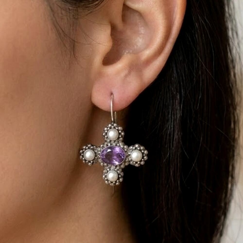 Janice Girardi Vintage 80's Amethyst, Pearl &925 Silver Earrings Fine Jewelry